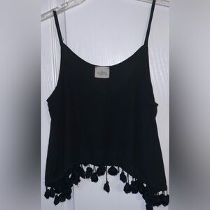 Audrey Black Spaghetti Strap Top with Tassel Hem
